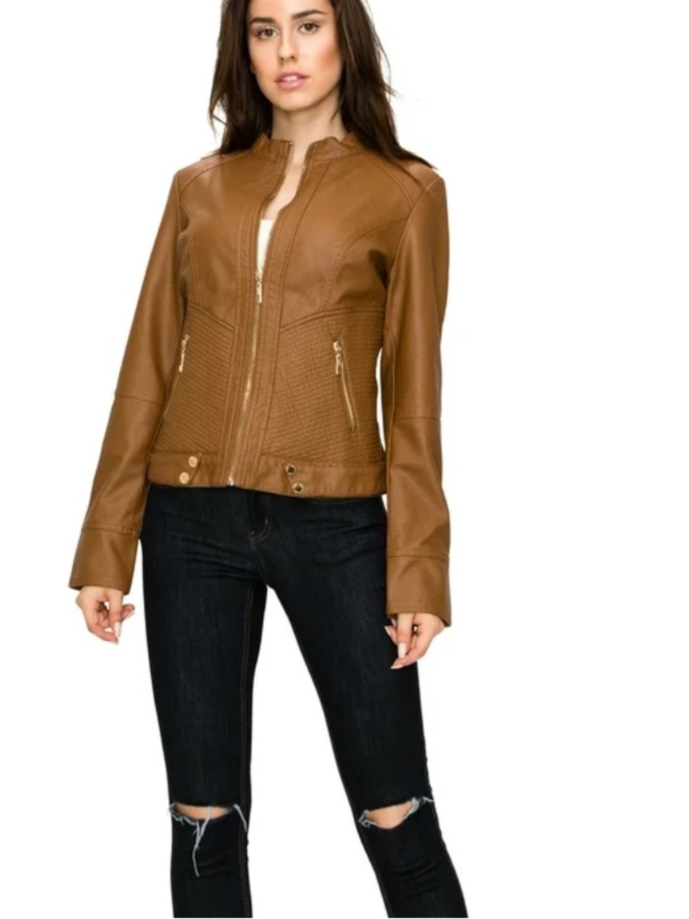Women's Tan Faux Leather Moto Jacket